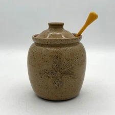 Studio Art Pottery Honey Pot Jar Signed JM w/Honey Dripper Impressed Flowers
