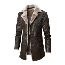 Men's ClassicVintageWinter Thick Warm Jacket Faux Fur Leather Overcoat Long Coat