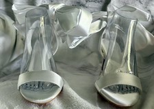 White Satin Bridal Slingback High Heels w/ Ribbon Ankle Ties Red Soles EU 38