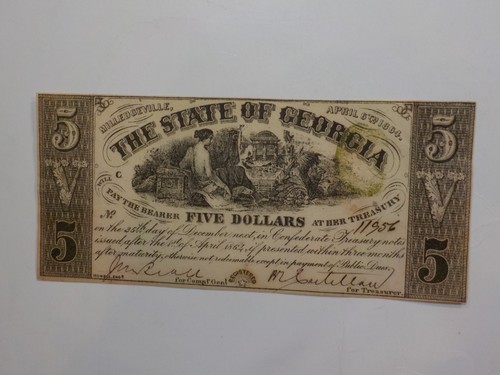 Civil War Confederate 1864 5 Dollar Bill Milledgeville Georgia Paper Money VTG