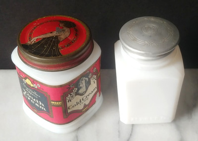 Two Antique Cold Cream Milk Glass Jars Larkin Edna Wallace Hopper Art Deco