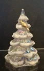 FENTON WHITE  IRIDESCENT SNOW FLOCKED CHRISTMAS TREE GOLD BIRD 3 INCH SIGNED