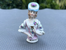 Antique German 3" Porcelain Half Doll Pin Cushion #1724 - Ornate Outfit & Hat
