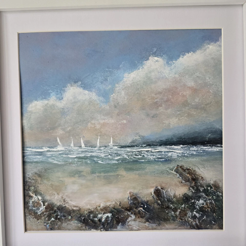 Original Acrylic Painting Summer Coastal Landscape Boats Sailing Framed - Image 2 of 4