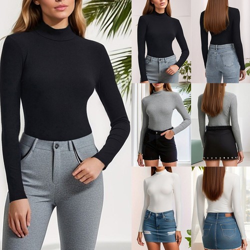 Solid Women Basic Turtleneck Long Sleeve Shirt Pullover Ladies Slim Fit Tops Tee - Picture 3 of 9
