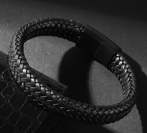 Men's Women's Black Braided Genuine Leather Bracelet / Wristband Bangle 6.5-9" - Picture 7 of 12