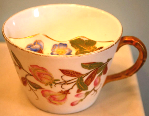 Antique ROYAL WORCESTER Porcelain Moustache Cup BLUSH IVORY Floral Gilt 1884