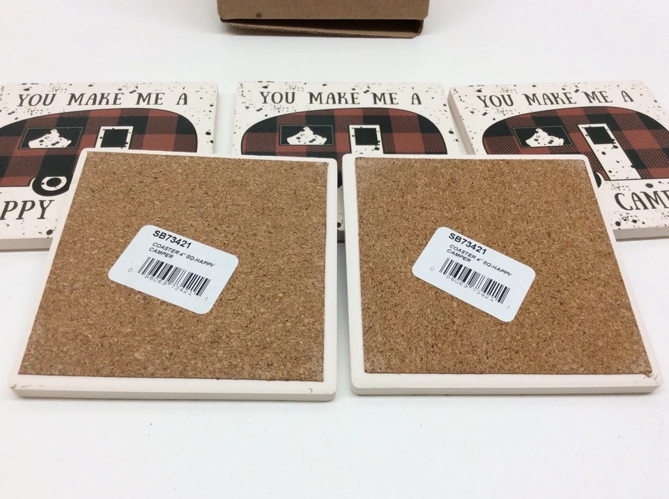 Ceramic Tile Coaster 4" Happy Camper Cork Backing Set of 5 - Image 3 of 3
