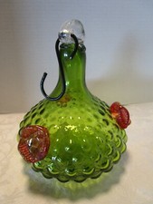 Studio Glass Hand blown Hummingbird Feeder Green hobnail flowers 8" t 1990's