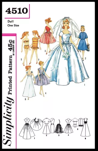 Simplicity 4510 Barbie Fashion TEEN DOLL Fabric Sewing Pattern Vintage BRIDAL