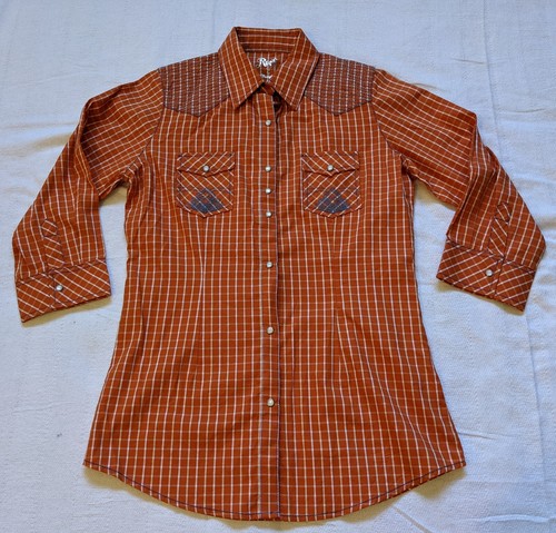 Vintage orange plaid cowgirl western country plaid hipster rockabilly shirt M