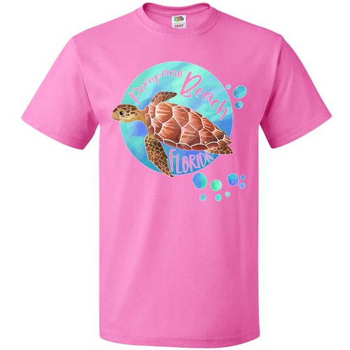 Inktastic Pompano Beach, Florida Swimming Sea Turtle With Bubbles T-Shirt Summer