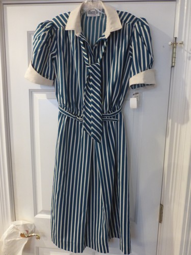 ACT 1 VINTAGE  DRESS  TEAL BLUE & IVORY STRIPES  COLLAR WITH BELT NWT Sz 12 - Picture 1 of 6