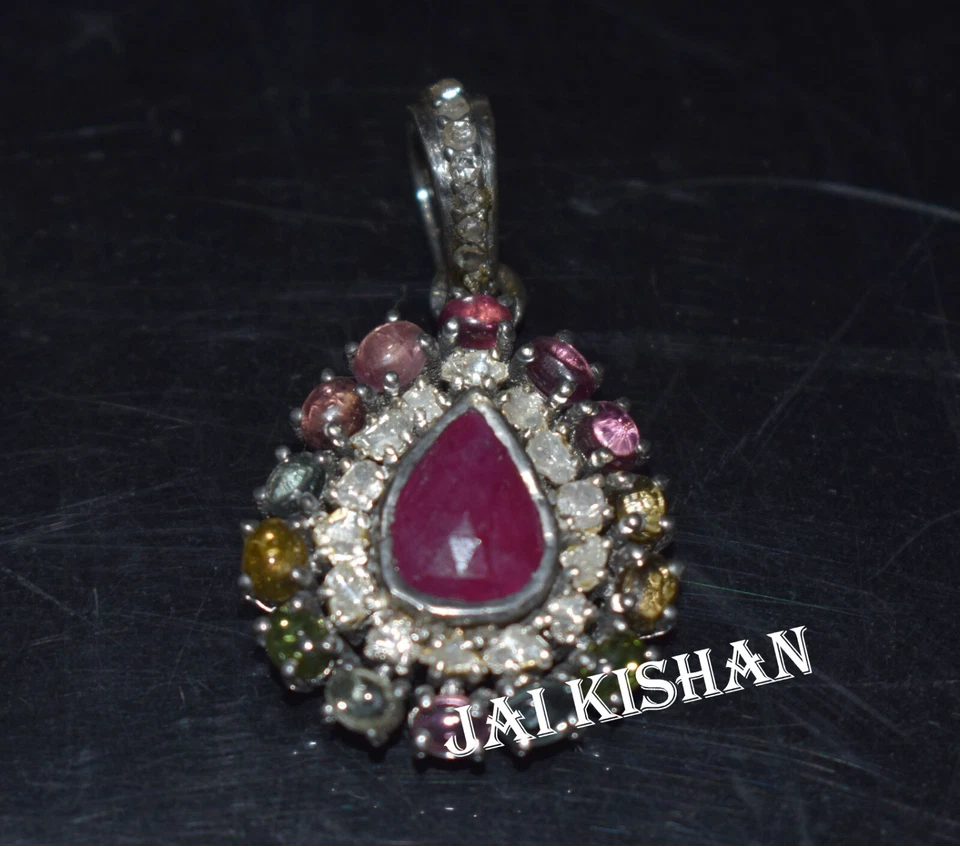 Rubino Multi Tormalina Gemma Polki Diamante 925 Argento Sterling Etnico Ciondolo - Immagine 3 di 4
