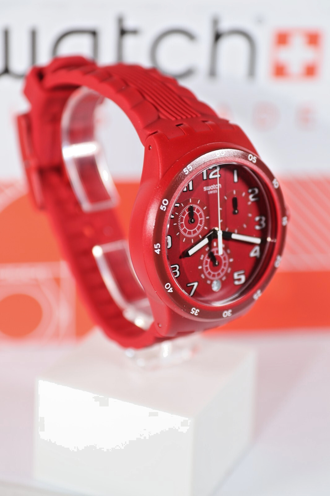 New Swiss Made Swatch Originals Red Step Chrono Silicone Watch 42mm SUSR404 Date
