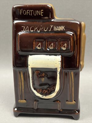Vintage Vegas Style Jackpot Slot Machine Painted Ceramic Coin Bank With Stopper