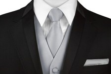 Men's Silver Satin Formal Tuxedo Vest, Tie  Hankie Set Wedding Prom Homecoming