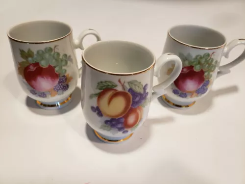 Royalton China Co. Translucent Porcelain Coffee Mugs Set Of 3 Fruit Pattern