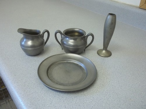 Pewter Cream and Sugar holders, Italy Pewter plate and Mayflower Pewter vase