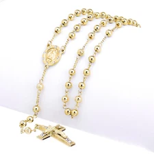Men's 6mm Bead Rosary Gold Plated Guadalupe & Jesus Cross 28" Necklace HR 600 G