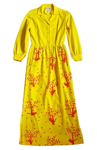 VESTED GENTRESS Maxi Abito Gatti Autunno Stampa Alberi Cintura Giallo Vintage Taglia 10 - Foto 8 di 9