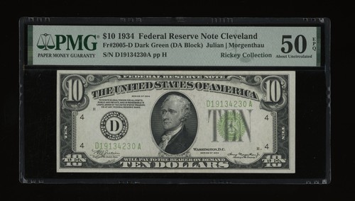 DBR 1934 $10 DGS FRN Cleveland Fr. 2005-Ddgs PMG AU-50 EPQ Serial D19134230A - Picture 1 of 2