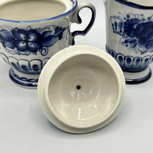 Porcelain Bowl Handles Flo Blue Rose Lily Of Valley Flower Creamer Gzhel Russia - Picture 4 of 14
