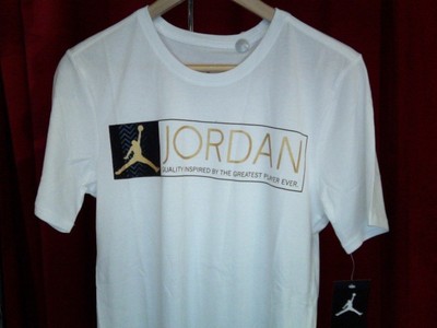 white and gold jordan shirt