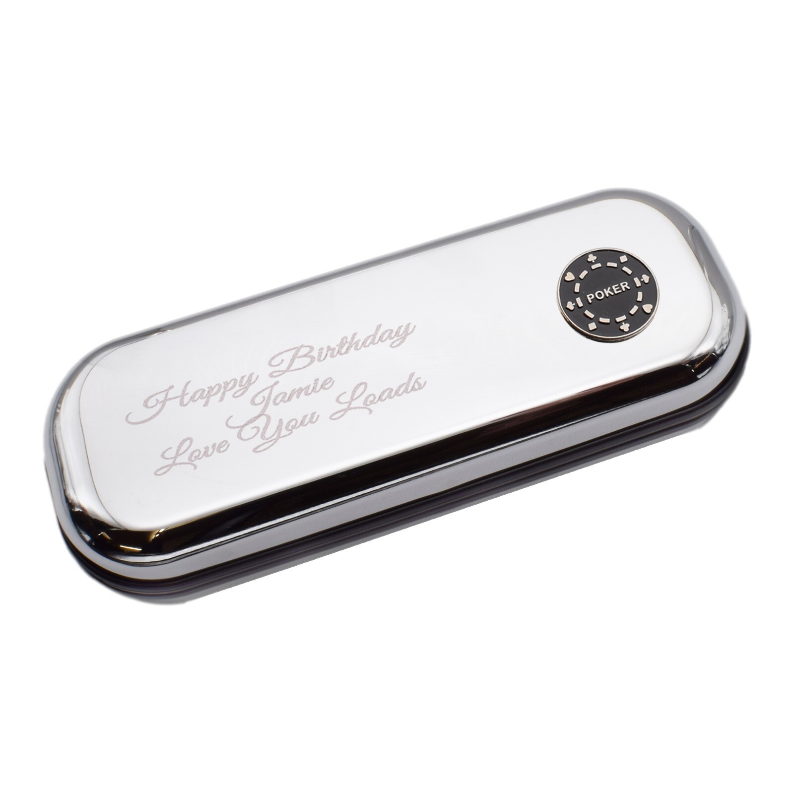 Black Poker Chip Design Personalised Engraved Chromed Glasses Case Box