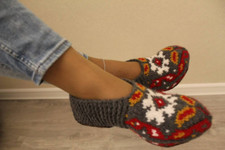 Grey Women Hand knitted Slipper Socks with Suede Soles/ Mother day gift/ Cozy