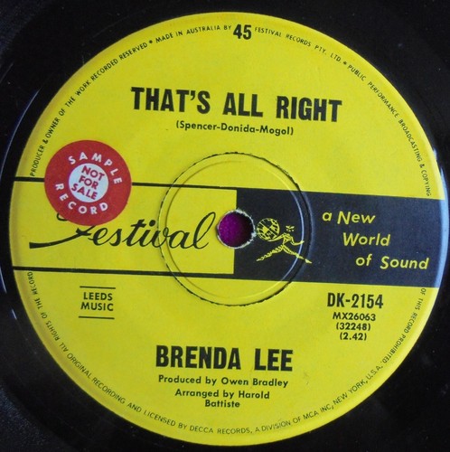 Brenda Lee original Oz "Festival" promo 45rpm single- That's All Right / Fantasy - Picture 2 of 3