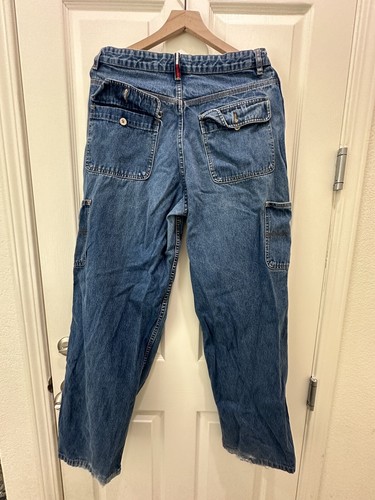 Vintage Tommy Hilfiger Baggy Cargo Jeans Damen Größe 12 Flagge Logo Pattentaschen hinten - Bild 7 von 10