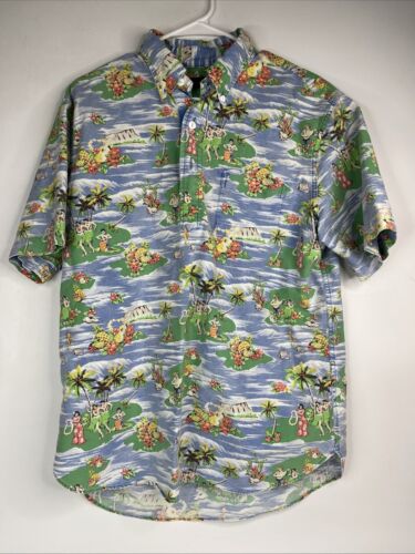 Ralph Lauren Polo Shirt Mens L Blue Hula Girl Beach Fish Hawaiian Island Tropic