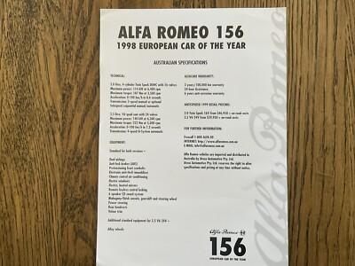 1998 1997 ALFA ROMEO 156 TWIN SPARK V6 AUSTRALIA BROCHURE RARE