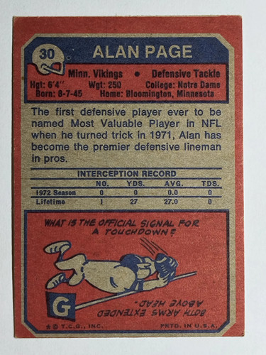 1973 Topps #30 Alan Page (VGEX) - Picture 2 of 2