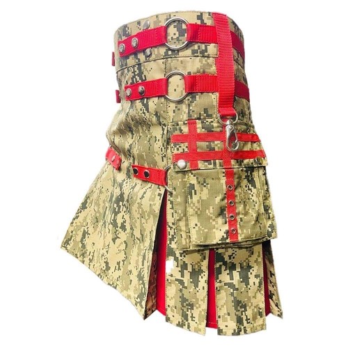Men's Scottish Camo kilt Red Pleats Highland Cotton Utility kilt Fashion kilt - Picture 3 of 5
