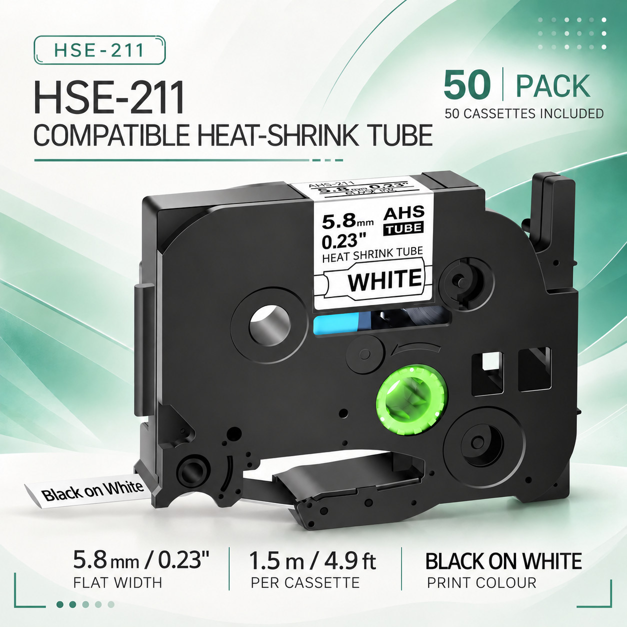 50Pack HSe-211 White Shrink Tubing Tape 5.8mm Wide for Brother PT-H300 PT-H500