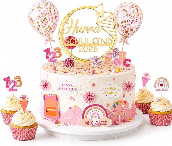 Cake Topper Einschulung MäDchen 27-Teilig LED Holz Ballons FäCher Tortendeko-image