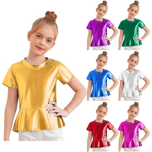 Mädchen Metallic T-Shirt Kurzarm Tanz Top Hip Hop Glänzendes Latin Tanz Bluse - Picture 2 of 66