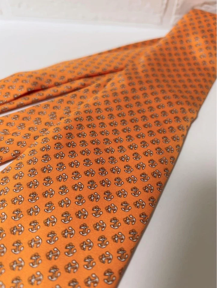 HERMES New Unused Neck Tie Orange White Scallion 100%Silk Made in France - Image 2 of 4