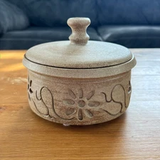 Handmade Studio Pottery Lidded Jar Carved Floral Stoneware Brown Glazed Interior