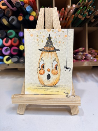 Aceo Original Painting Halloween Vintage Pumpkin 2.5 x 3.5 Melissa Stagi