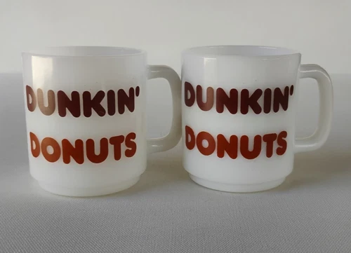 GLASBAKE DUNKIN DONUTS VINTAGE MILK GLASS COFFEE MUGS - PAIR