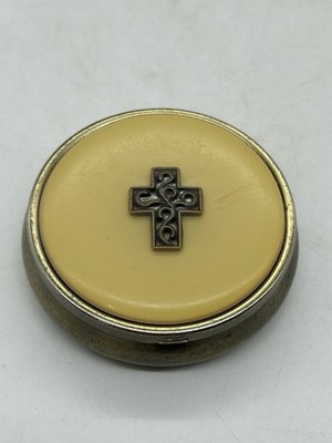 Pill Box Gold Brass Tone with Cross Round Metal Hinged Travel Case with Divider