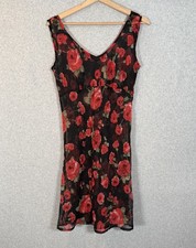 Vintage Slip Dress Womens Small Black Red Floral Sheer No Slip