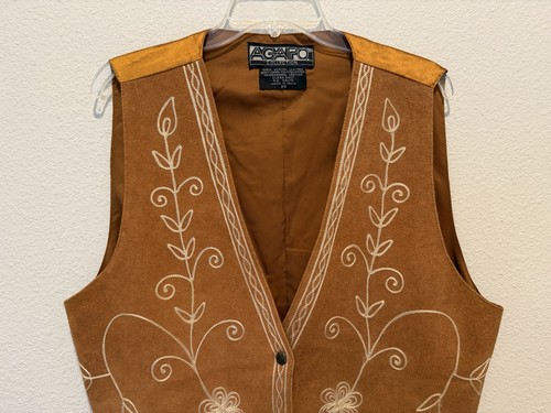 Vintage Cognac Brown Suede Leather Vest Cream Embroidery Women’s Size 2X Western - Picture 6 of 10