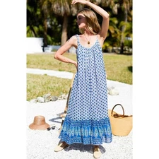 Emerson Fry India Collection Sz XS/S Heritage Blue Flowers Sun Dress EXCELLENT