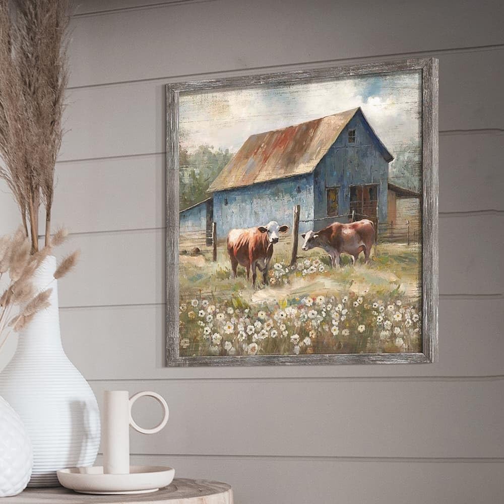 Countryside Cow Wooden Wall Art: Farmhouse Barn Framed Artwork Green Rustic P...