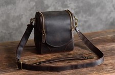 Dark Brown Leather Padded Camera Bag With Shoulder Strap Interior Pockets