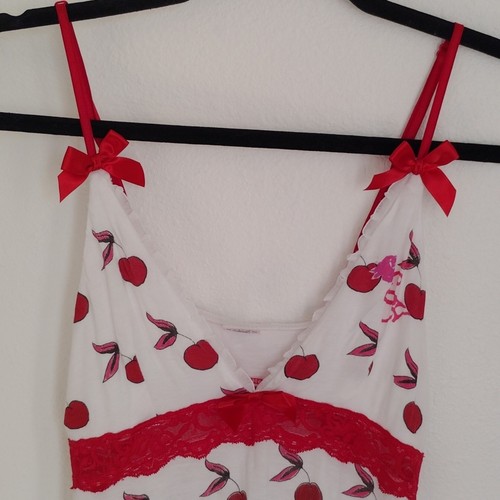 Vestido sin cordones Ed Hardy para mujer lencería mini babydoll talla L estampado de cereza encaje Y2K - Imagen 2 de 9